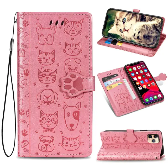 Wallet Phone Case for iPhone 12 Pro,Cartoon Cat Dog Pattern PU Leather Case with Magnetic Clasp and Cash Card Slots Holder Cover for iPhone 11