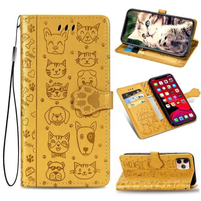 Wallet Phone Case for iPhone 12 Pro,Cartoon Cat Dog Pattern PU Leather Case with Magnetic Clasp and Cash Card Slots Holder Cover for iPhone 11