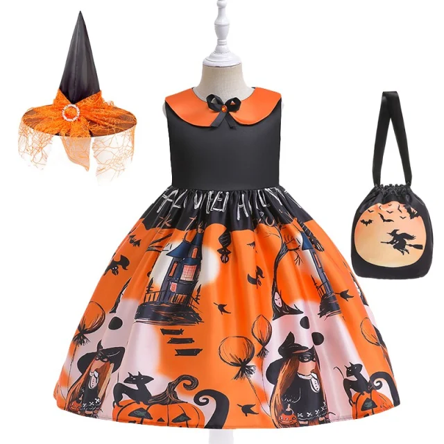 Girls Halloween Witch Costume Bat Pumpkin Printed Princess Dresses + Sugar Bag