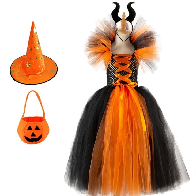 Halloween Witch Backless Dresses Set For Girls With Hat and Sugar Bag