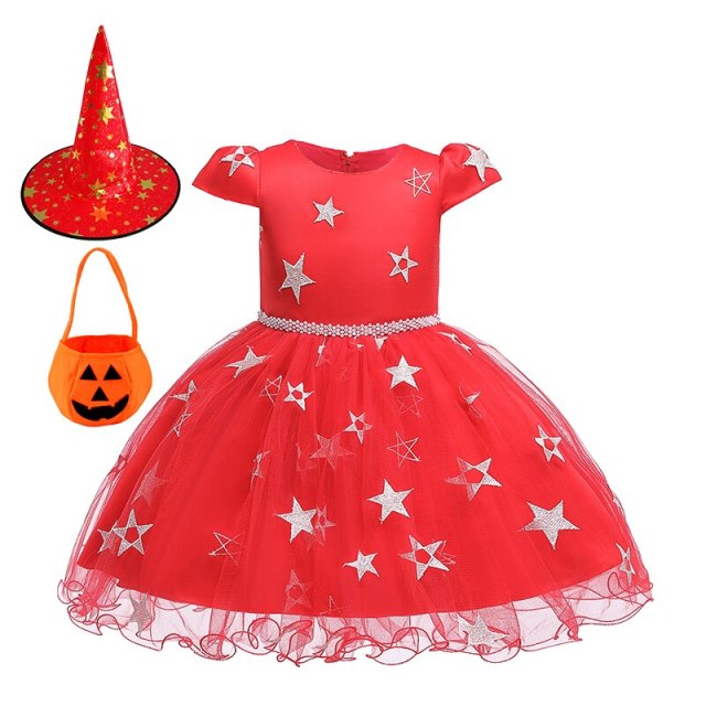 Girls Witch Costume with Shiny Stars Witch Hat Halloween Princess Dress