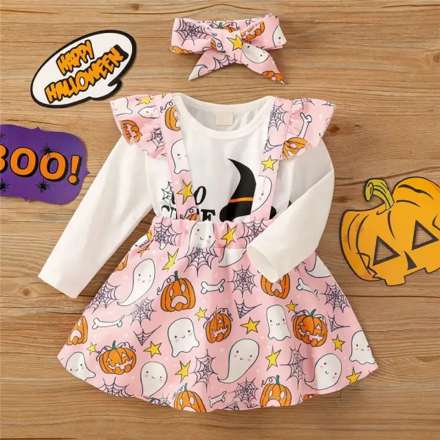 Baby Girl Halloween Clothes Sets Romper Suspenders Skirt Headband 0-18M