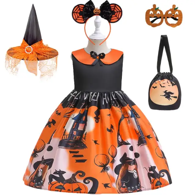 Girls Halloween Witch Costume Bat Pumpkin Printed Princess Dresses + Sugar Bag