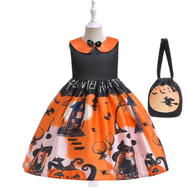 Girls Halloween Witch Costume Bat Pumpkin Printed Princess Dresses + Sugar Bag