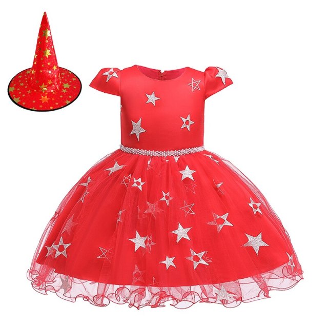 Girls Witch Costume with Shiny Stars Witch Hat Halloween Princess Dress