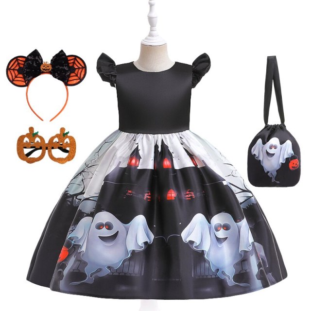 Ghost Printed Halloween Dresses For Girls Festival Party Outfits With Sugar Bag