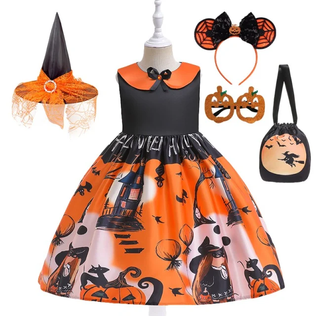 Girls Halloween Witch Costume Bat Pumpkin Printed Princess Dresses + Sugar Bag