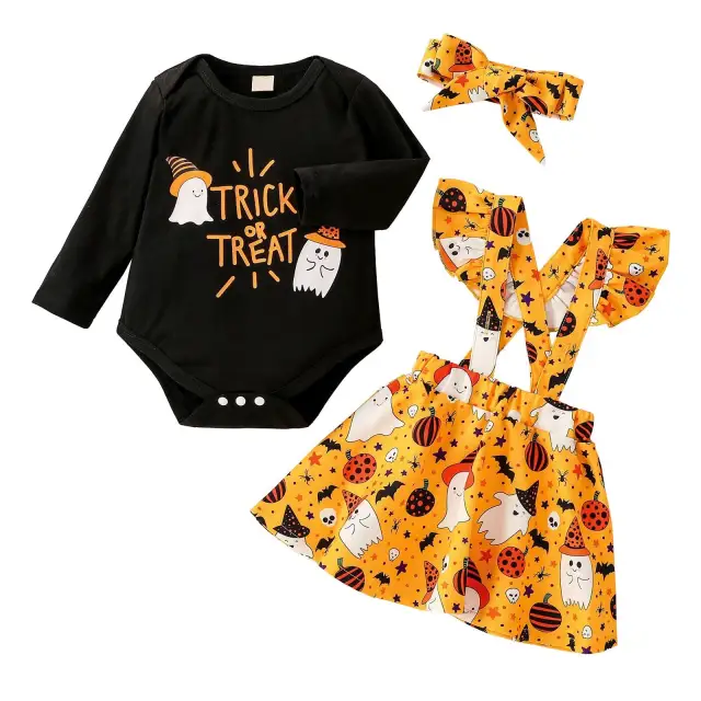 Baby Girl Halloween Clothes Sets Romper Suspenders Skirt Headband 0-18M