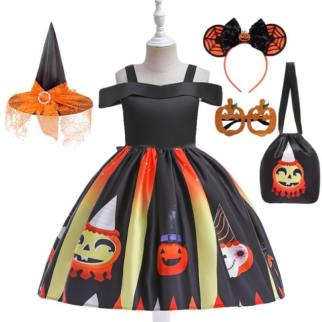 Halloween Costume For Girls Children Pumpkin Print Cosplay Party Princess Dresses 2-10Y