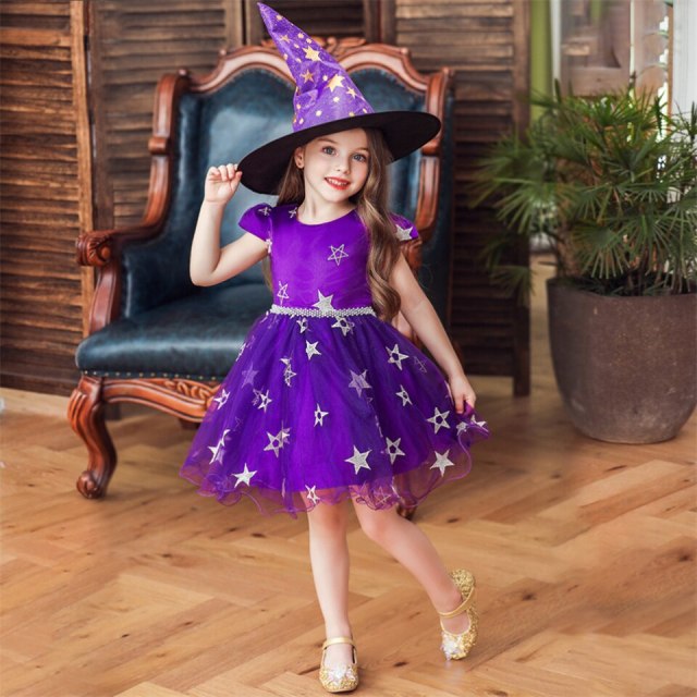 Girls Witch Costume with Shiny Stars Witch Hat Halloween Princess Dress