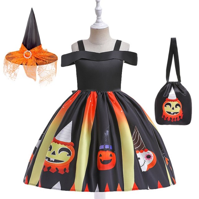 Halloween Costume For Girls Children Pumpkin Print Cosplay Party Princess Dresses 2-10Y