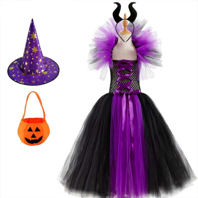 Halloween Witch Backless Dresses Set For Girls With Hat and Sugar Bag