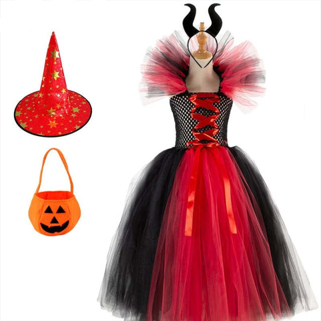 Halloween Witch Backless Dresses Set For Girls With Hat and Sugar Bag
