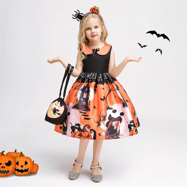 Girls Halloween Witch Costume Bat Pumpkin Printed Princess Dresses + Sugar Bag