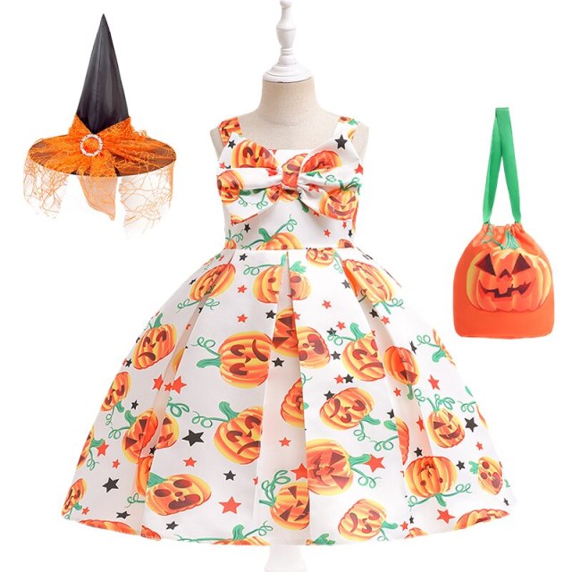 Halloween Girls Princess Pumpkin Printing Dress + Gift Bag 2-10 Year