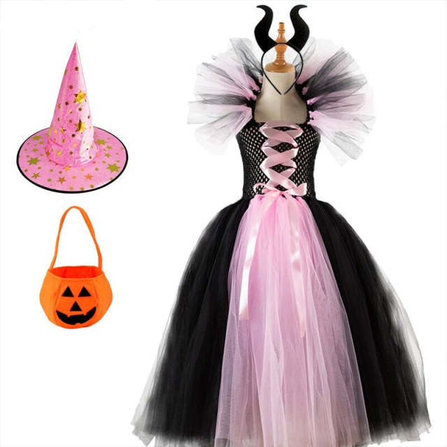 Halloween Witch Backless Dresses Set For Girls With Hat and Sugar Bag