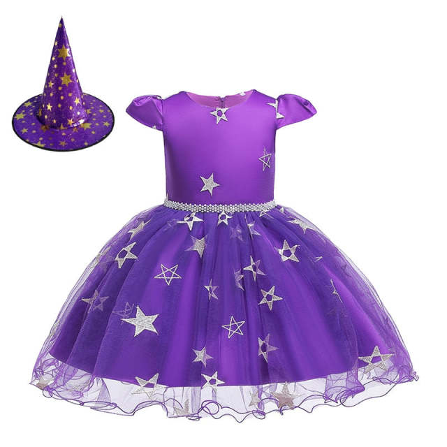 Girls Witch Costume with Shiny Stars Witch Hat Halloween Princess Dress
