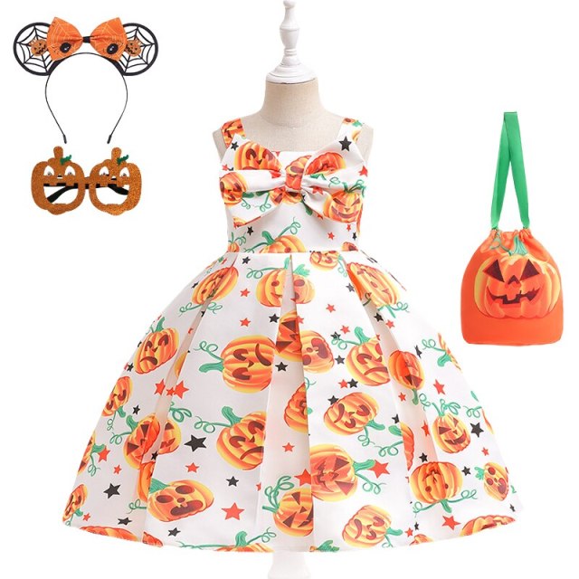 Halloween Girls Princess Pumpkin Printing Dress + Gift Bag 2-10 Year