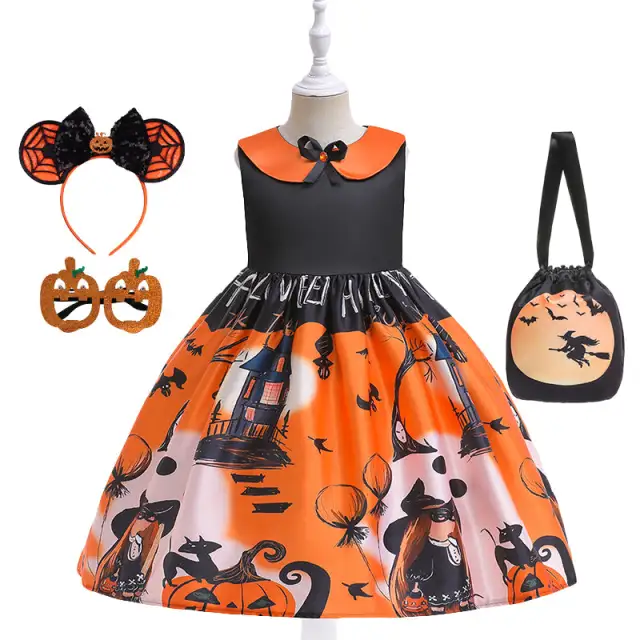 Girls Halloween Witch Costume Bat Pumpkin Printed Princess Dresses + Sugar Bag