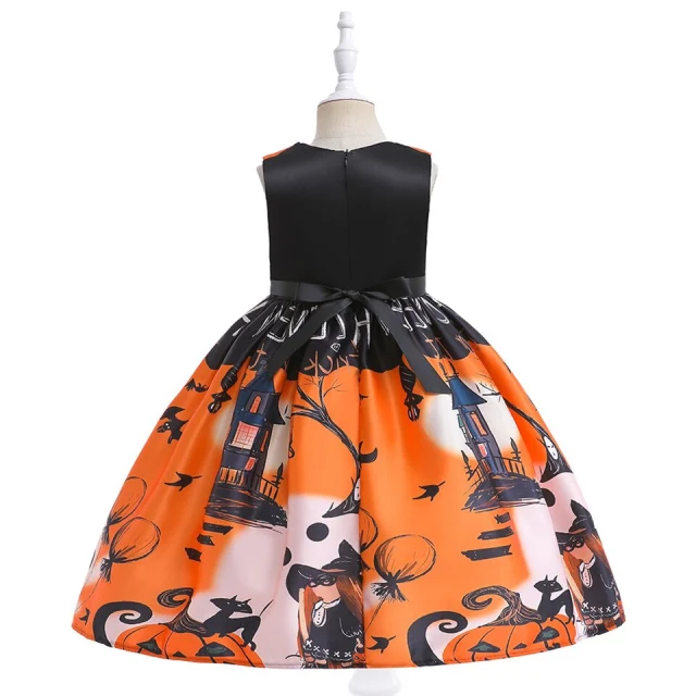 Girls Halloween Witch Costume Bat Pumpkin Printed Princess Dresses + Sugar Bag