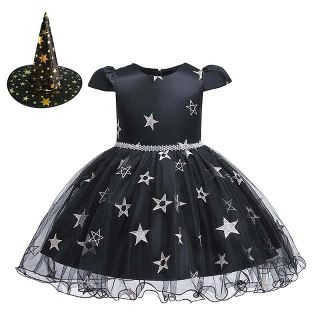 Girls Witch Costume with Shiny Stars Witch Hat Halloween Princess Dress