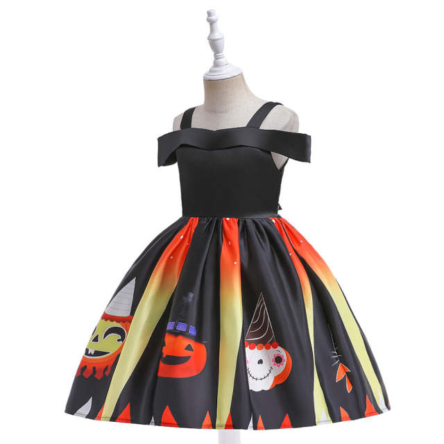 Halloween Costume For Girls Children Pumpkin Print Cosplay Party Princess Dresses 2-10Y