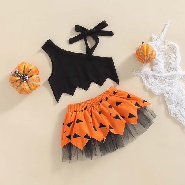 1-3T Baby Girl Halloween Outfit Tie-Up Shoulder Crop Tops Mesh Skirt Set