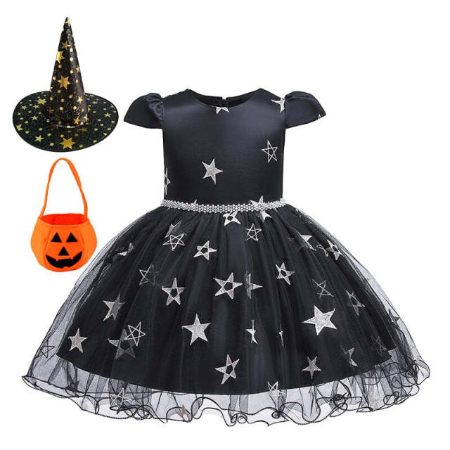 Girls Witch Costume with Shiny Stars Witch Hat Halloween Princess Dress