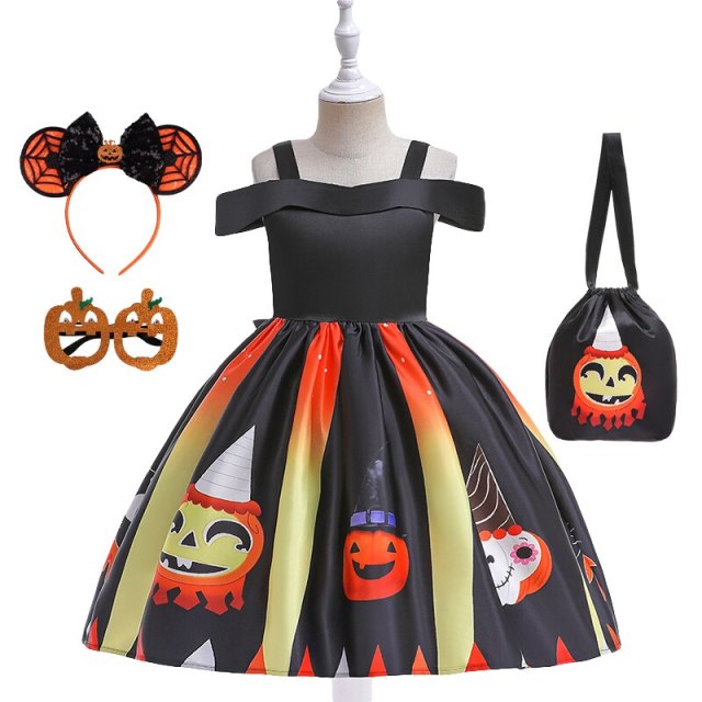 Halloween Costume For Girls Children Pumpkin Print Cosplay Party Princess Dresses 2-10Y