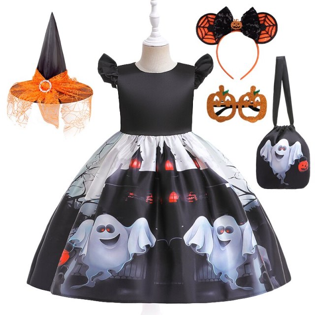 Ghost Printed Halloween Dresses For Girls Festival Party Outfits With Sugar Bag