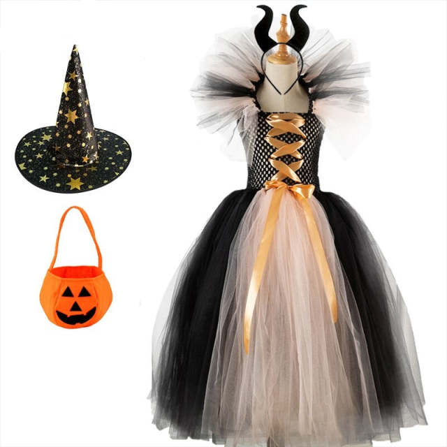 Halloween Witch Backless Dresses Set For Girls With Hat and Sugar Bag