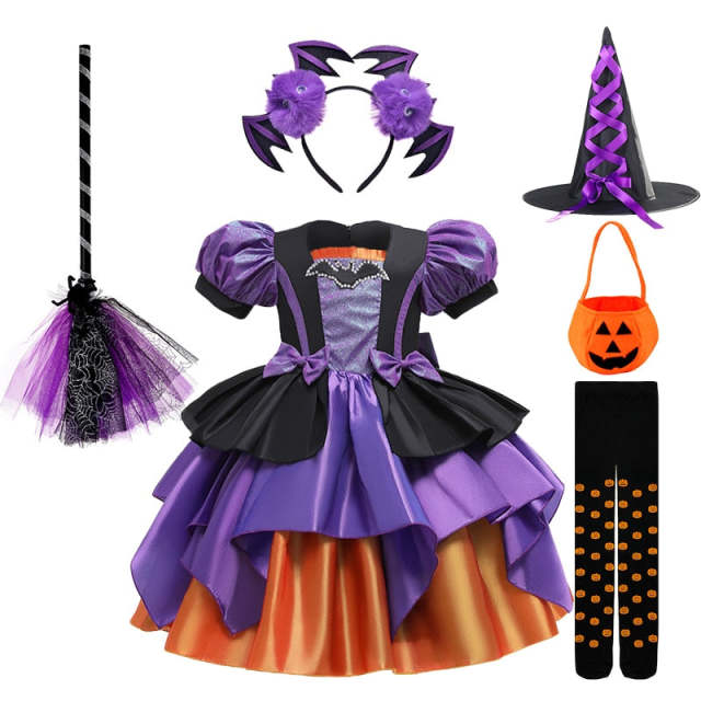 Halloween Witch Costume Purple Set Fancy Party Princess Dress for Girls