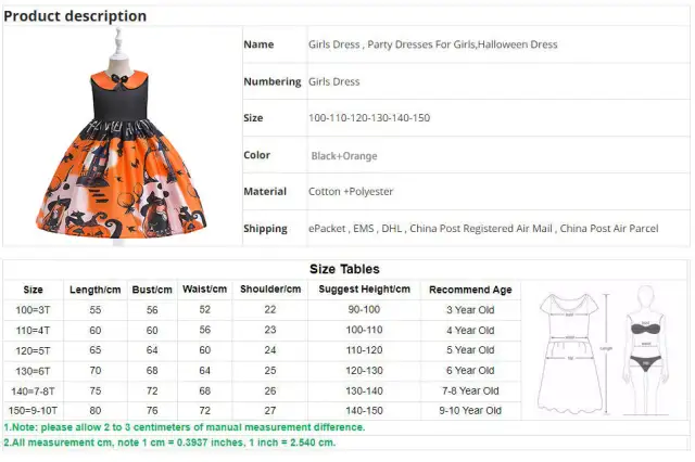 Girls Halloween Witch Costume Bat Pumpkin Printed Princess Dresses + Sugar Bag