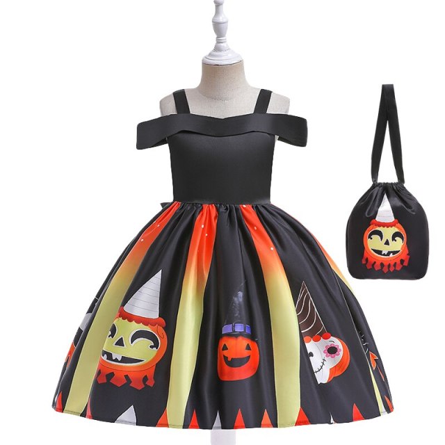 Halloween Costume For Girls Children Pumpkin Print Cosplay Party Princess Dresses 2-10Y