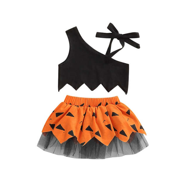 1-3T Baby Girl Halloween Outfit Tie-Up Shoulder Crop Tops Mesh Skirt Set
