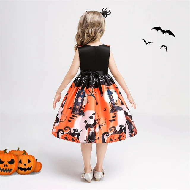 Girls Halloween Witch Costume Bat Pumpkin Printed Princess Dresses + Sugar Bag