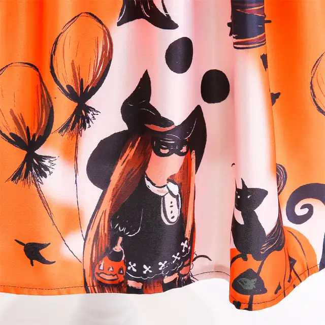 Girls Halloween Witch Costume Bat Pumpkin Printed Princess Dresses + Sugar Bag