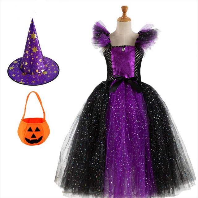 Children Girl Halloween Witch Dress Girls Cosplay Party Prom Tulle Dress