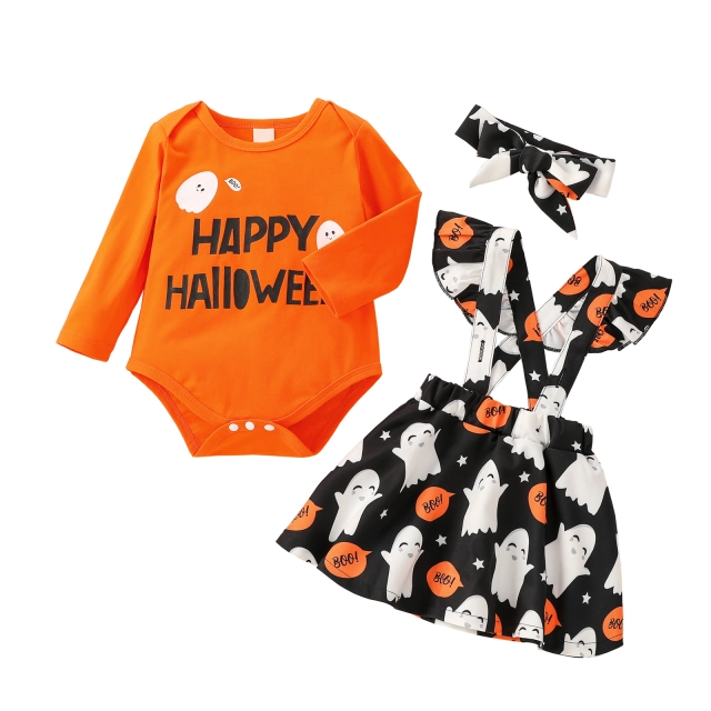 Baby Girl Halloween Clothes Sets Romper Suspenders Skirt Headband 0-18M