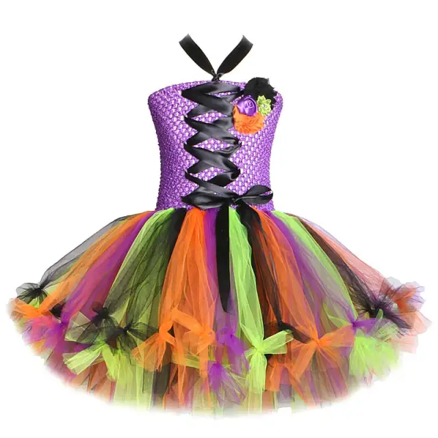 Witch Halloween Costumes for Girls Kids Sorceress Tutu Dress with Hat