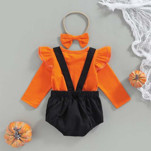 0-18M Infant Baby Girl Halloween Clothing Sets Long Sleeve Top Pumpkin Overalls