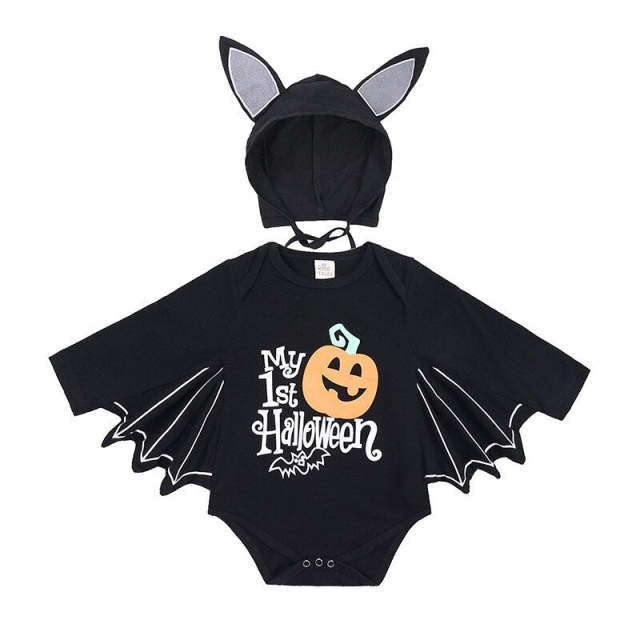 Baby Halloween Clothes Skull Pumpkin Print Bat Cosplay Romper With Hat