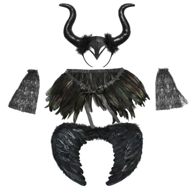 Halloween Girls Devil Costume Kids Queen Dress with Feather Shawl Black