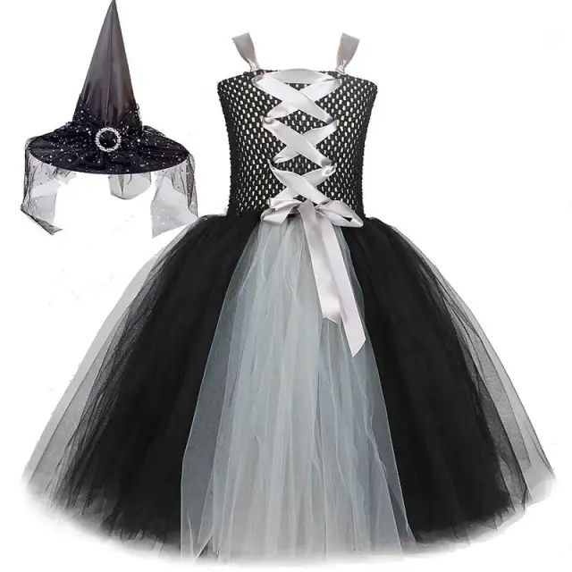 Black Witch Halloween Costumes for Girls Kids Long Tulle Dress with Hat