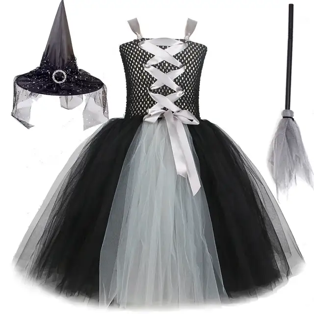 Black Witch Halloween Costumes for Girls Kids Long Tulle Dress with Hat