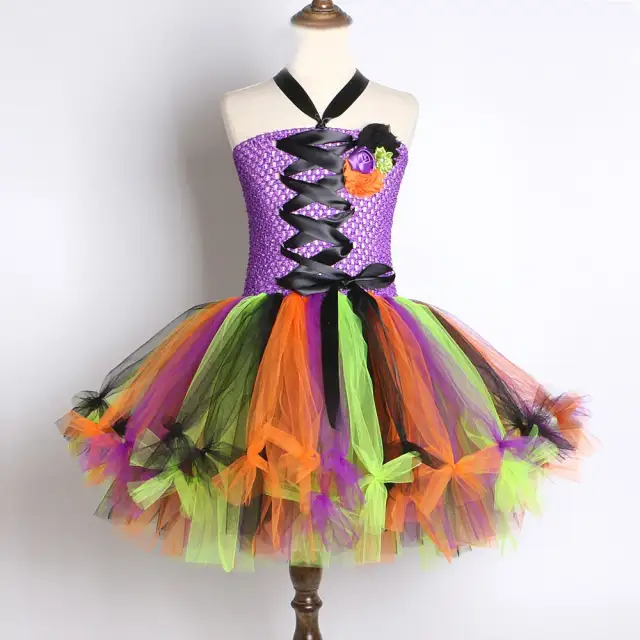 Witch Halloween Costumes for Girls Kids Sorceress Tutu Dress with Hat