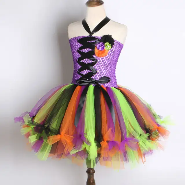 Witch Halloween Costumes for Girls Kids Sorceress Tutu Dress with Hat