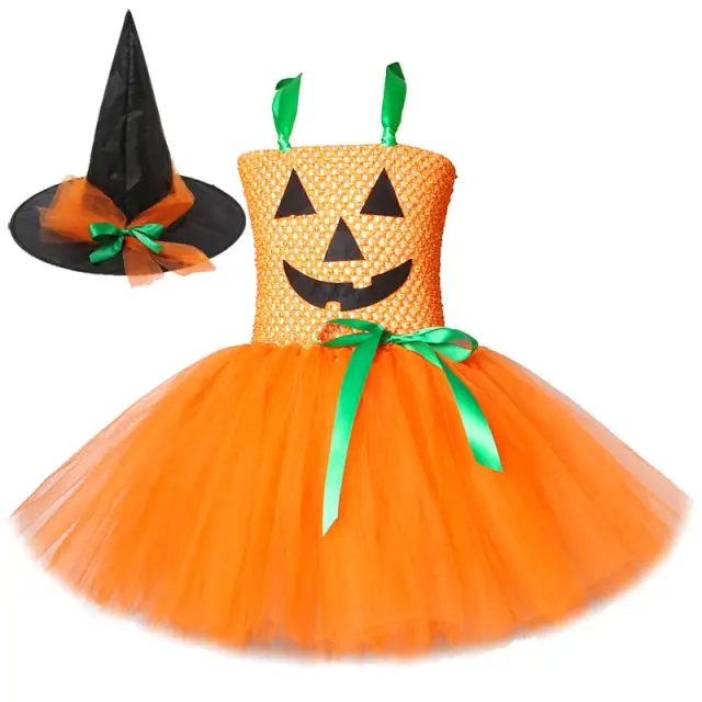 Pumpkin Dresses for Baby Girls Tutu Dress with Witch Hat Halloween Costume