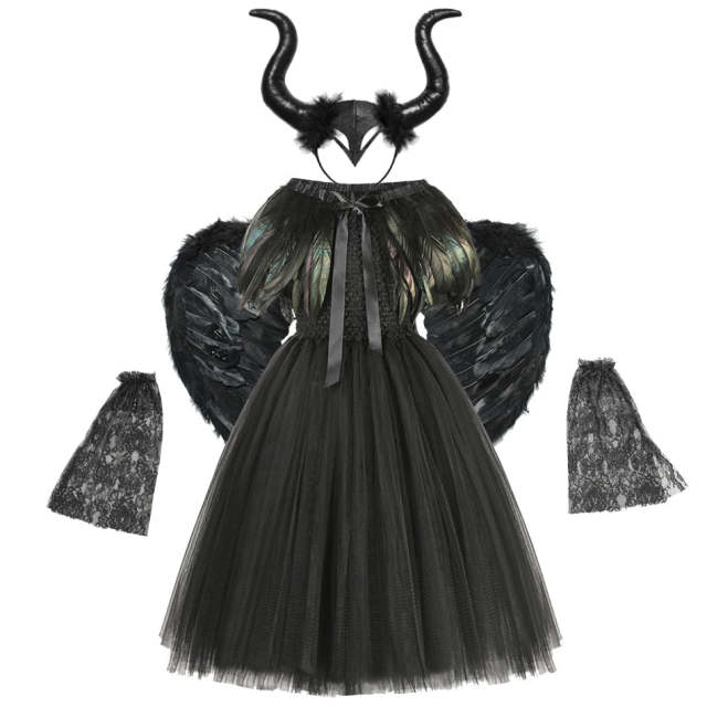 Halloween Girls Devil Costume Kids Queen Dress with Feather Shawl Black