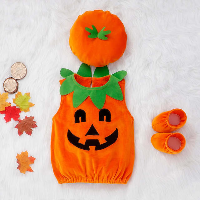 Baby Boys Girl Halloween Pumpkin 3pcs Clothes Suit Vest Tops+Hat+Shoes